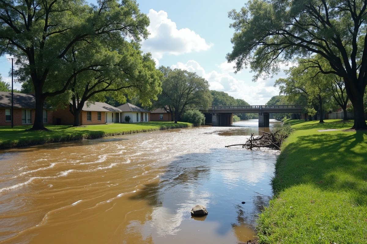 A Houston bayou running high and brown between grassy banks after a heavy storm, with homes and trees beyond