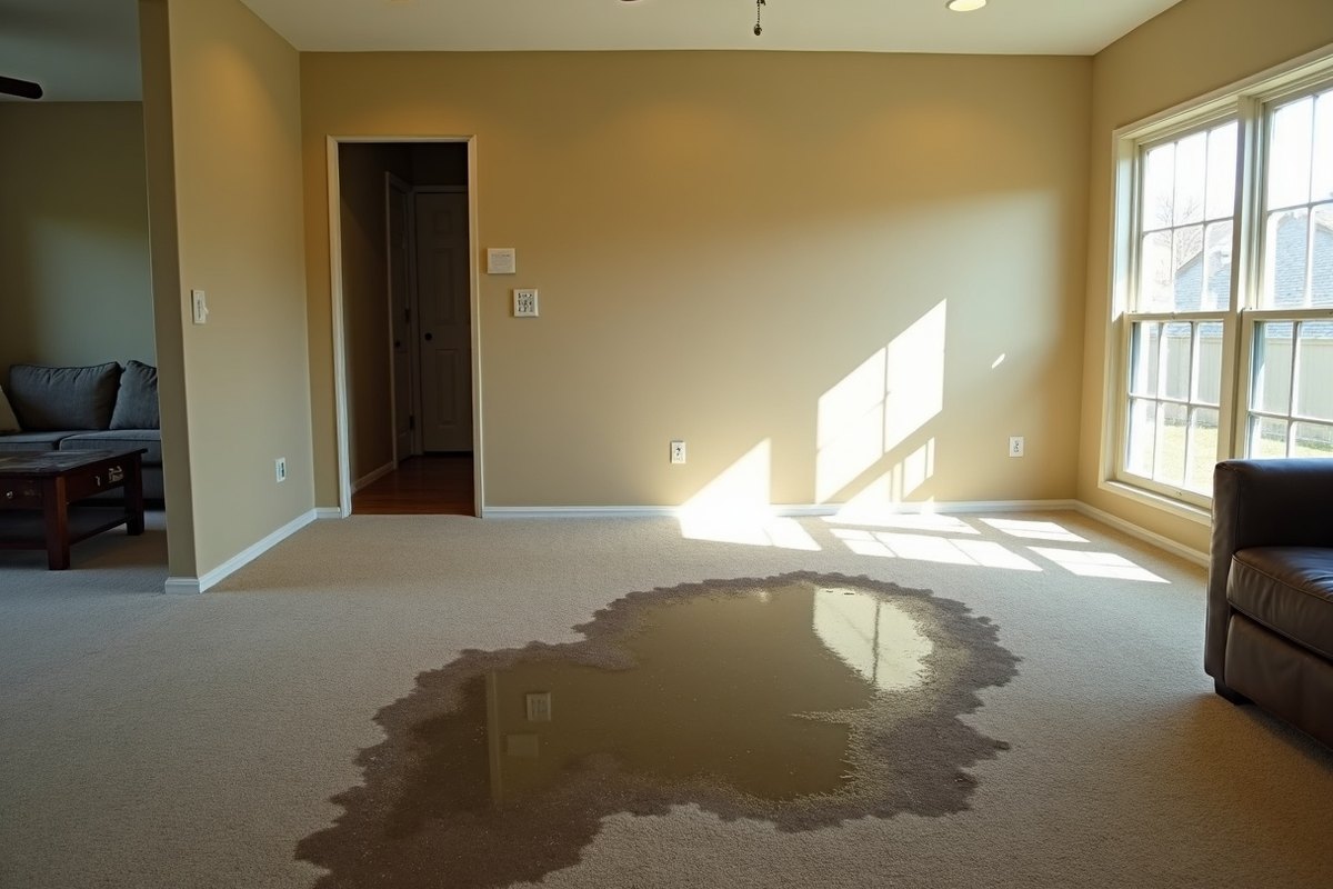 Living room in a Houston home with a dark wet patch spreading across beige carpet from under a wall