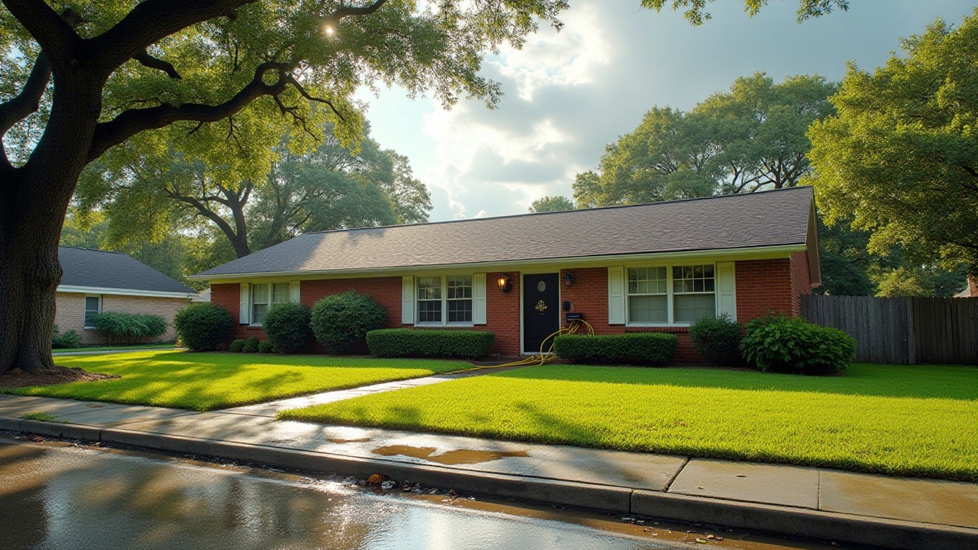 Brick ranch home in a Houston neighborhood after a storm, with wet lawn, standing water at the curb and drying equipment hoses at the open front door